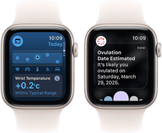 Dvě zařízení Apple Watch SE 3 s pouzdry z hvězdně bílého hliníku zobrazující aplikaci Životní funkce